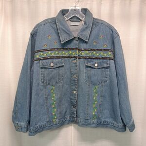 North West‎ Blue Womens 2X Blue Denim Jean Jacket Floral Cottagecore Chore Vtg